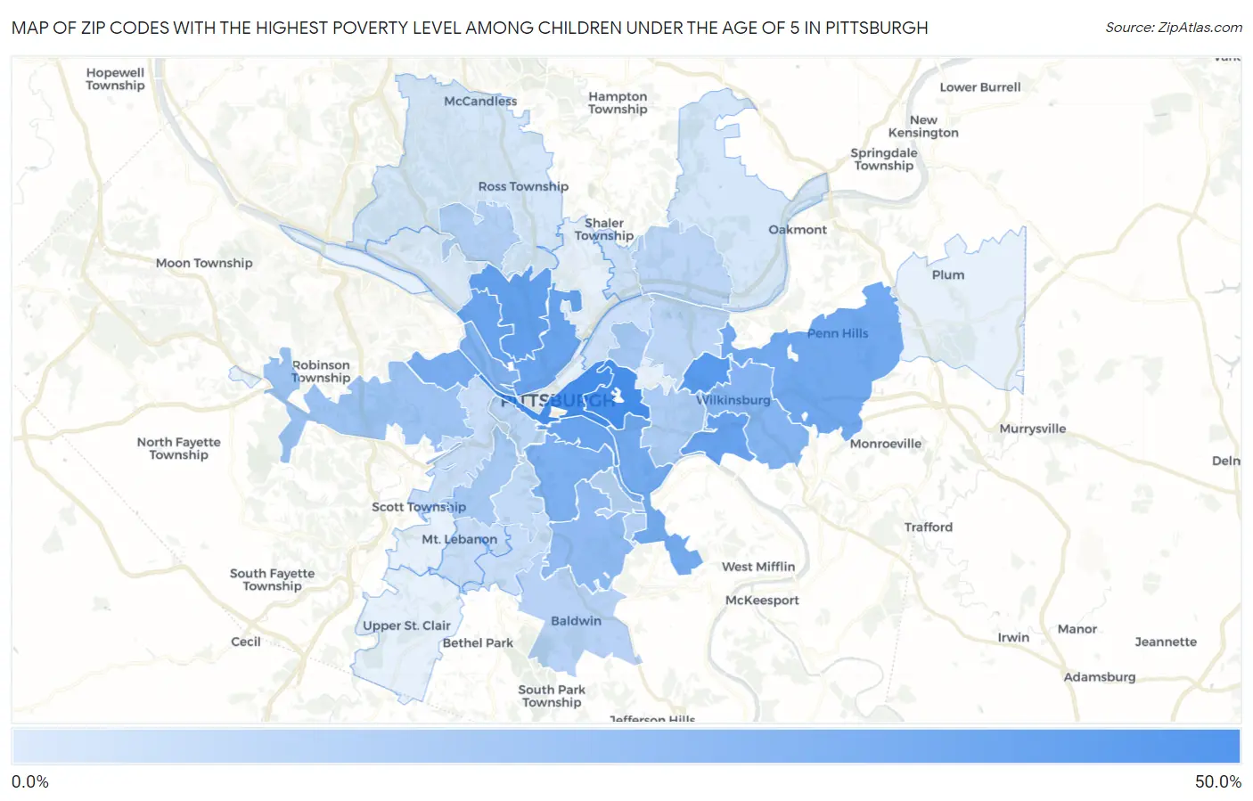 Zip Codes with the Highest Poverty Level Among Children Under the Age of 5 in Pittsburgh Map