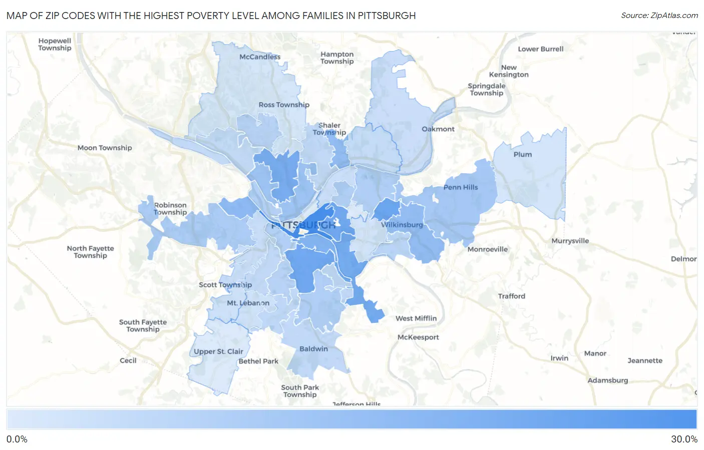 Zip Codes with the Highest Poverty Level Among Families in Pittsburgh Map