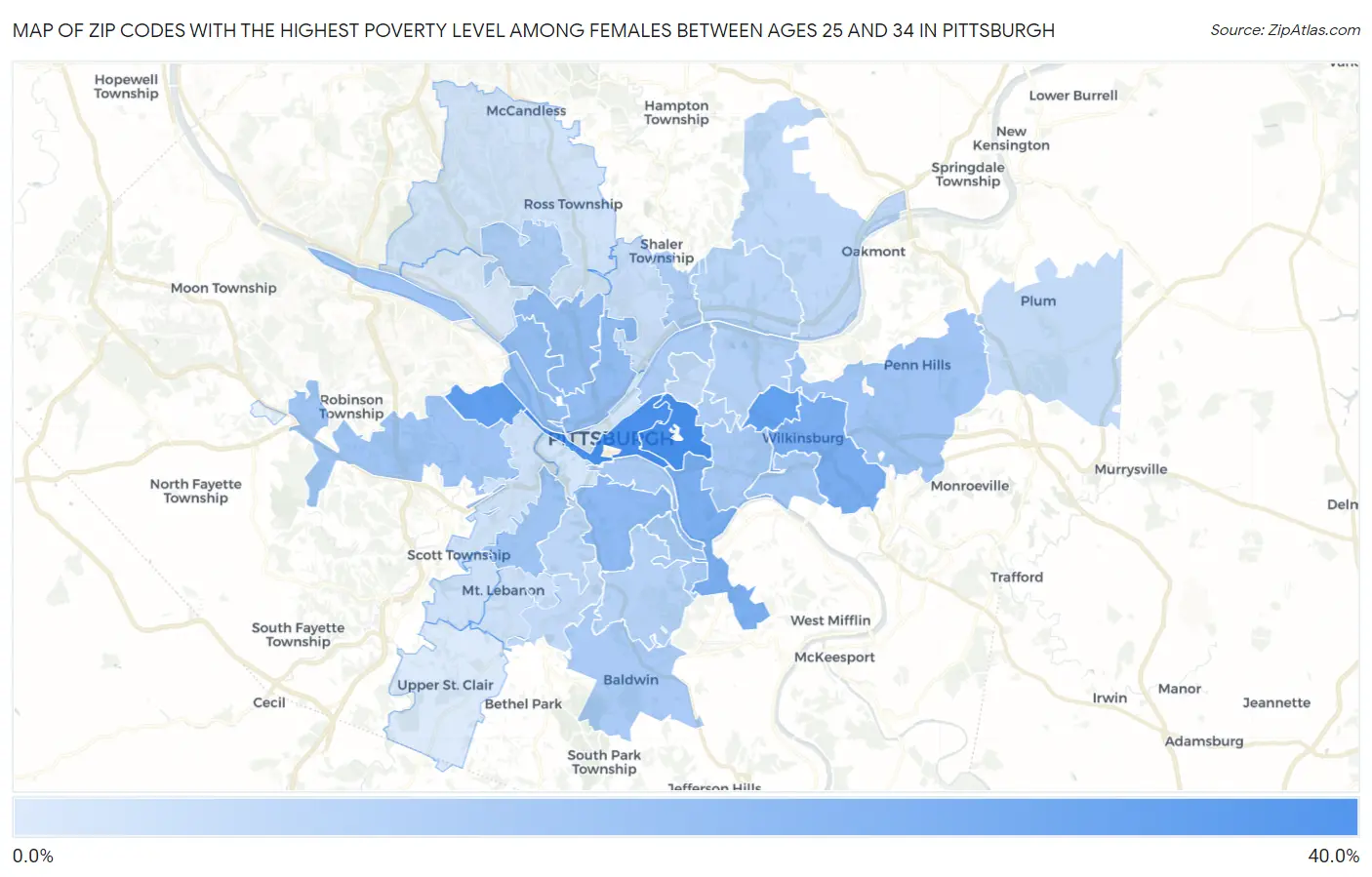 Zip Codes with the Highest Poverty Level Among Females Between Ages 25 and 34 in Pittsburgh Map