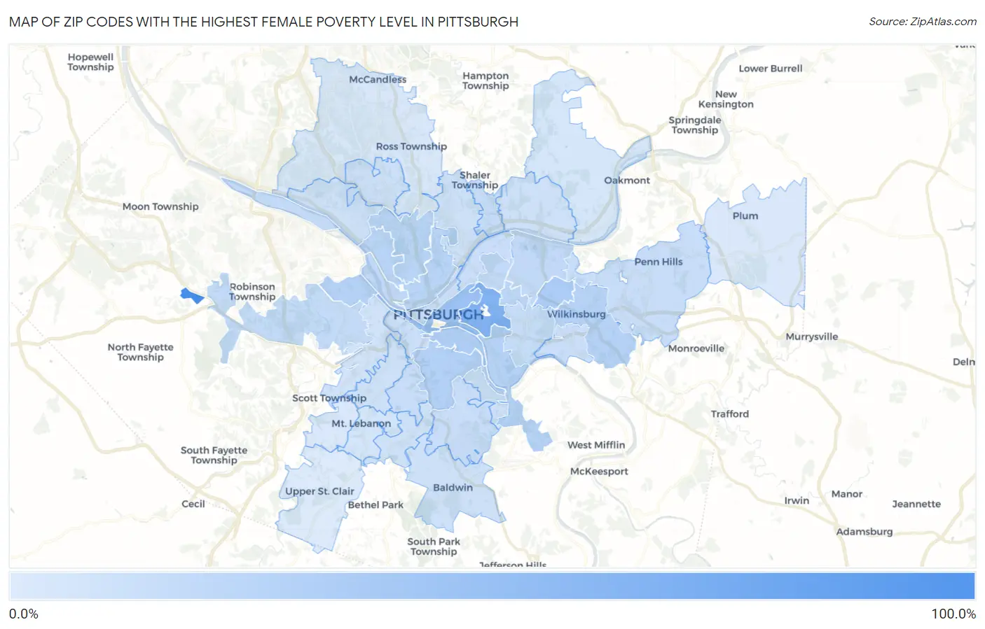 Zip Codes with the Highest Female Poverty Level in Pittsburgh Map