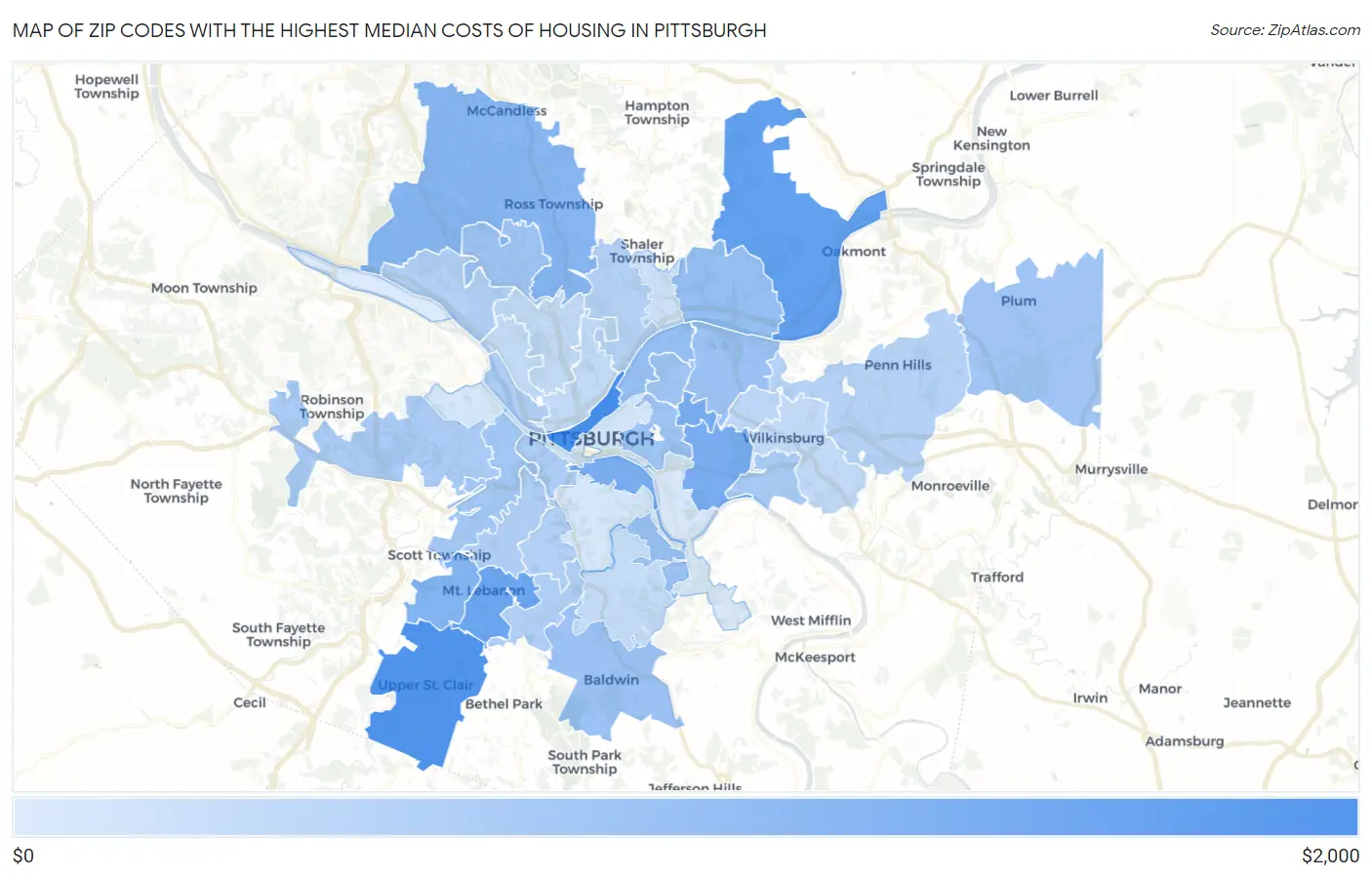 Zip Codes with the Highest Median Costs of Housing in Pittsburgh Map