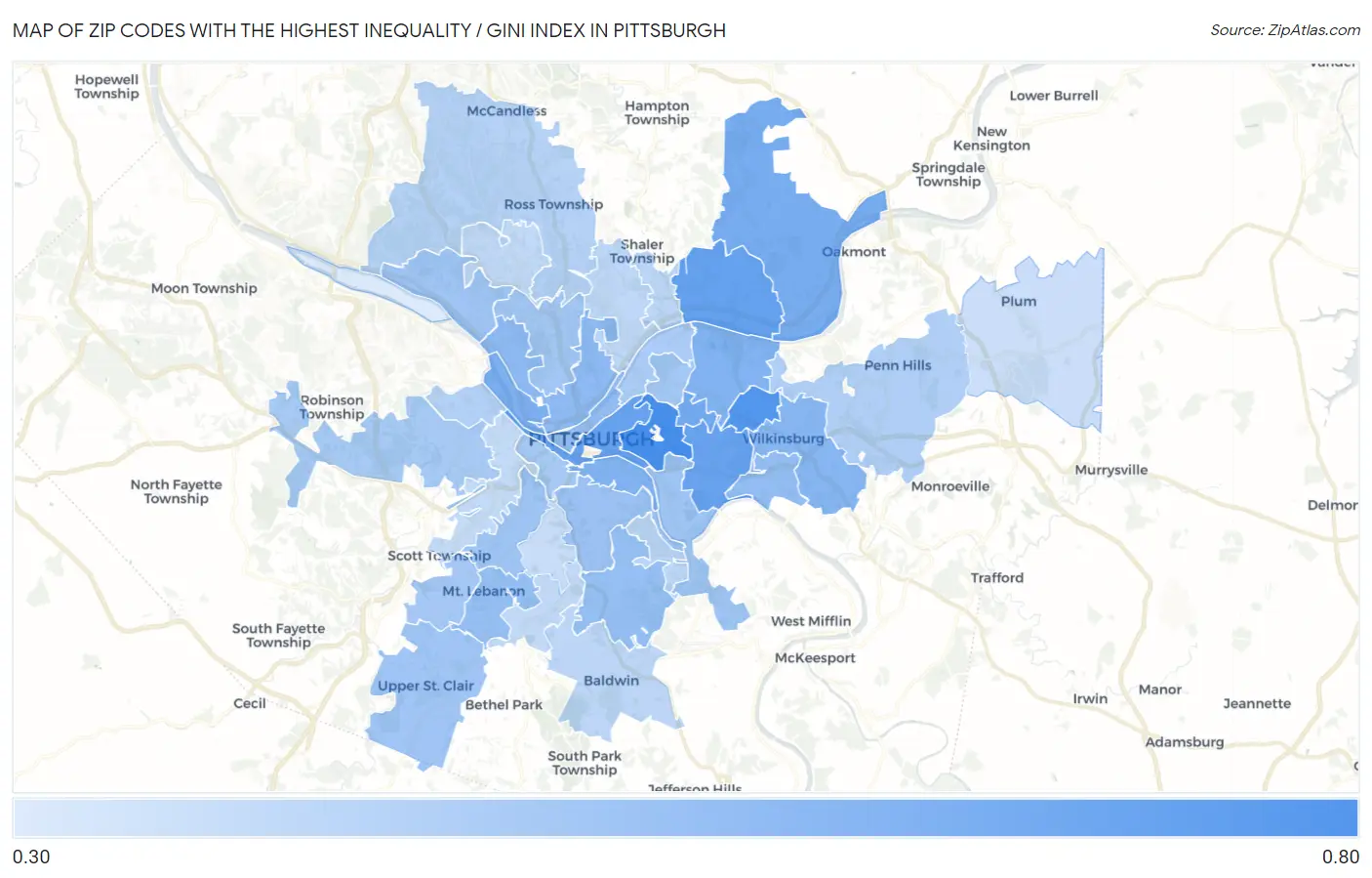 Zip Codes with the Highest Inequality / Gini Index in Pittsburgh Map
