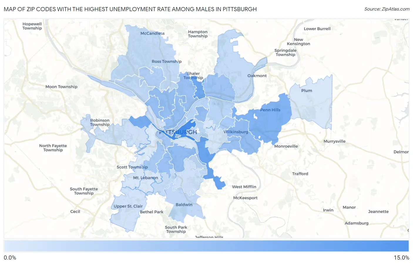 Zip Codes with the Highest Unemployment Rate Among Males in Pittsburgh Map