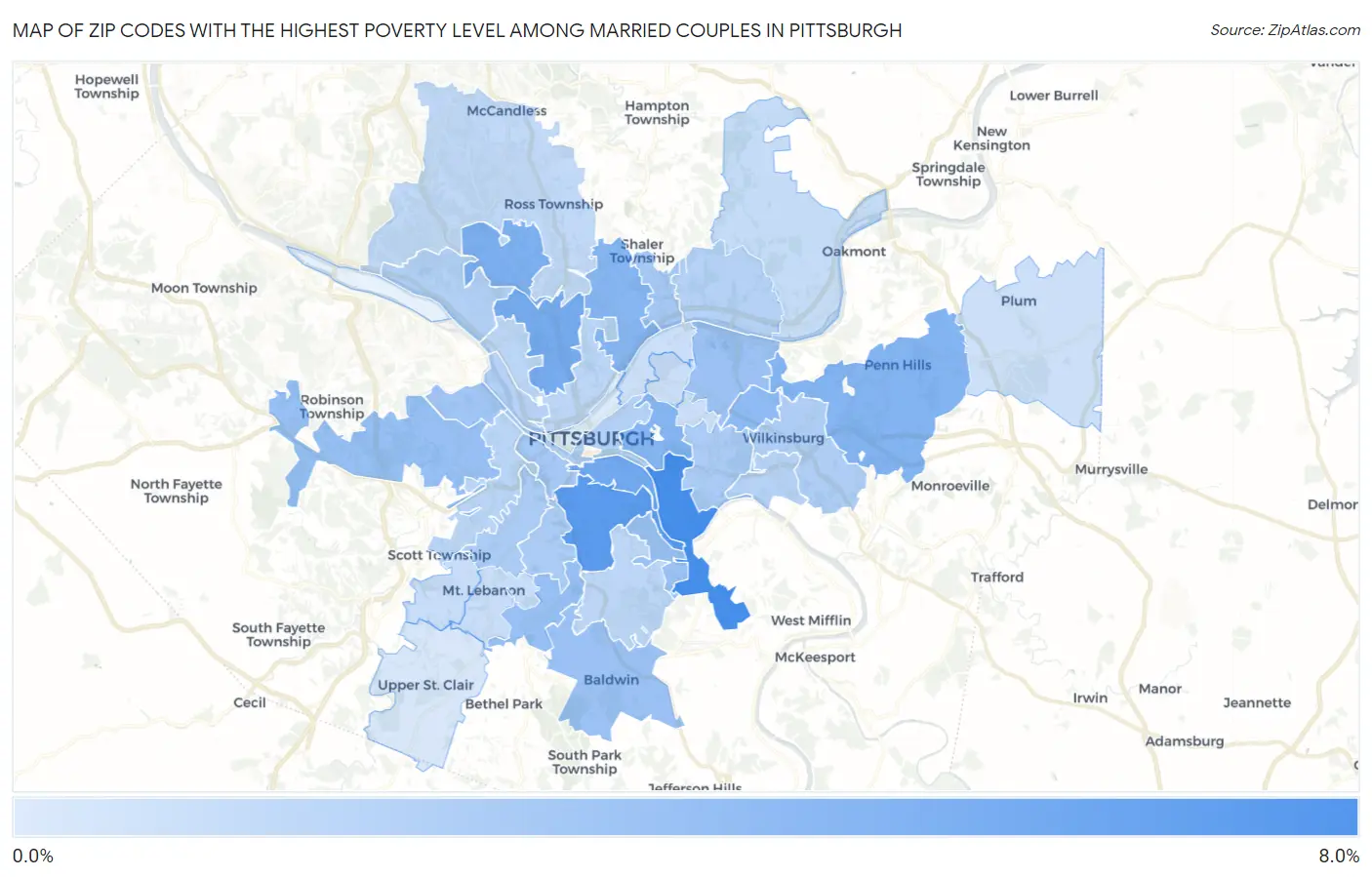 Zip Codes with the Highest Poverty Level Among Married Couples in Pittsburgh Map