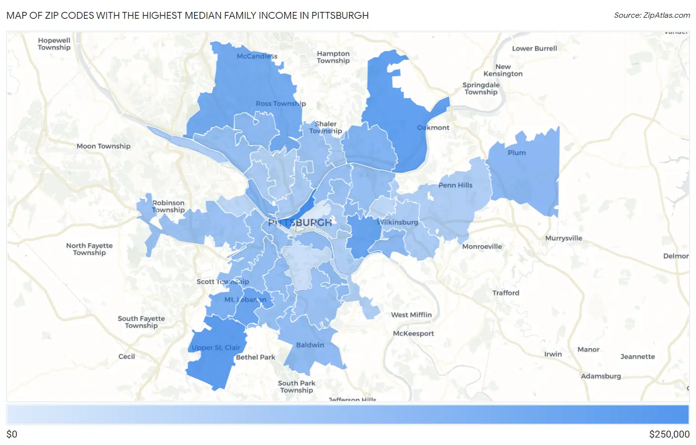 Zip Codes with the Highest Median Family Income in Pittsburgh Map