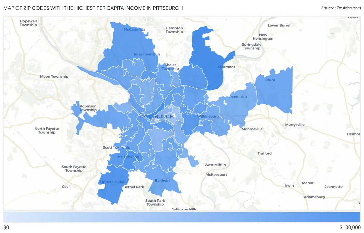 Zip Codes with the Highest Per Capita Income in Pittsburgh Map