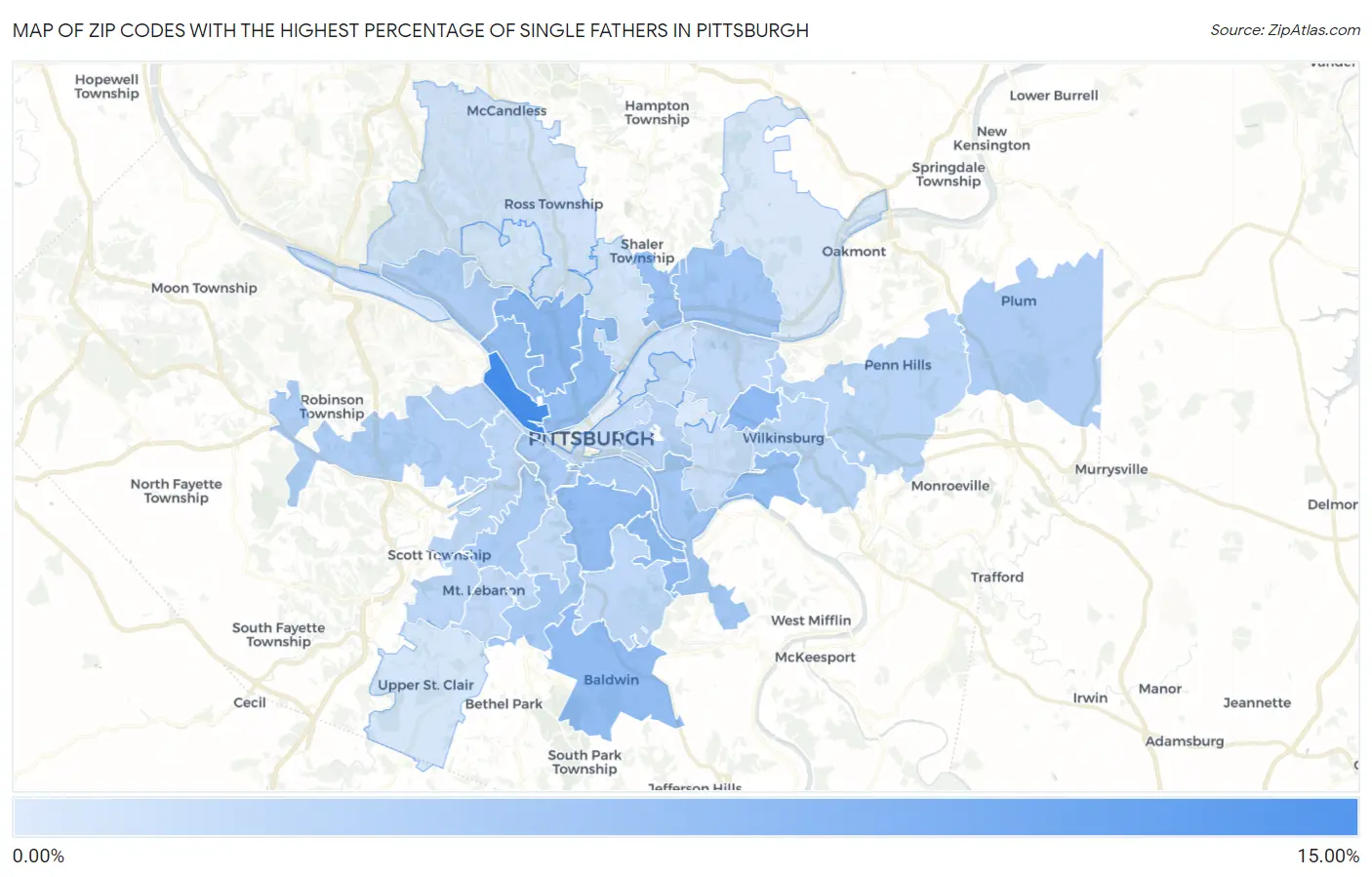 Zip Codes with the Highest Percentage of Single Fathers in Pittsburgh Map