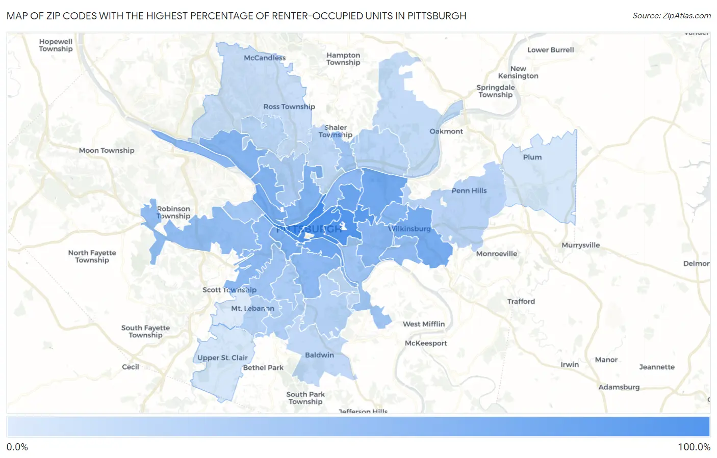 Zip Codes with the Highest Percentage of Renter-Occupied Units in Pittsburgh Map