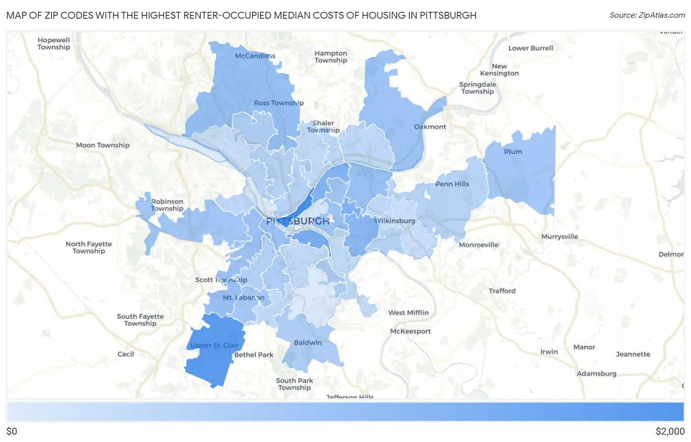 Zip Codes with the Highest Renter-Occupied Median Costs of Housing in Pittsburgh Map