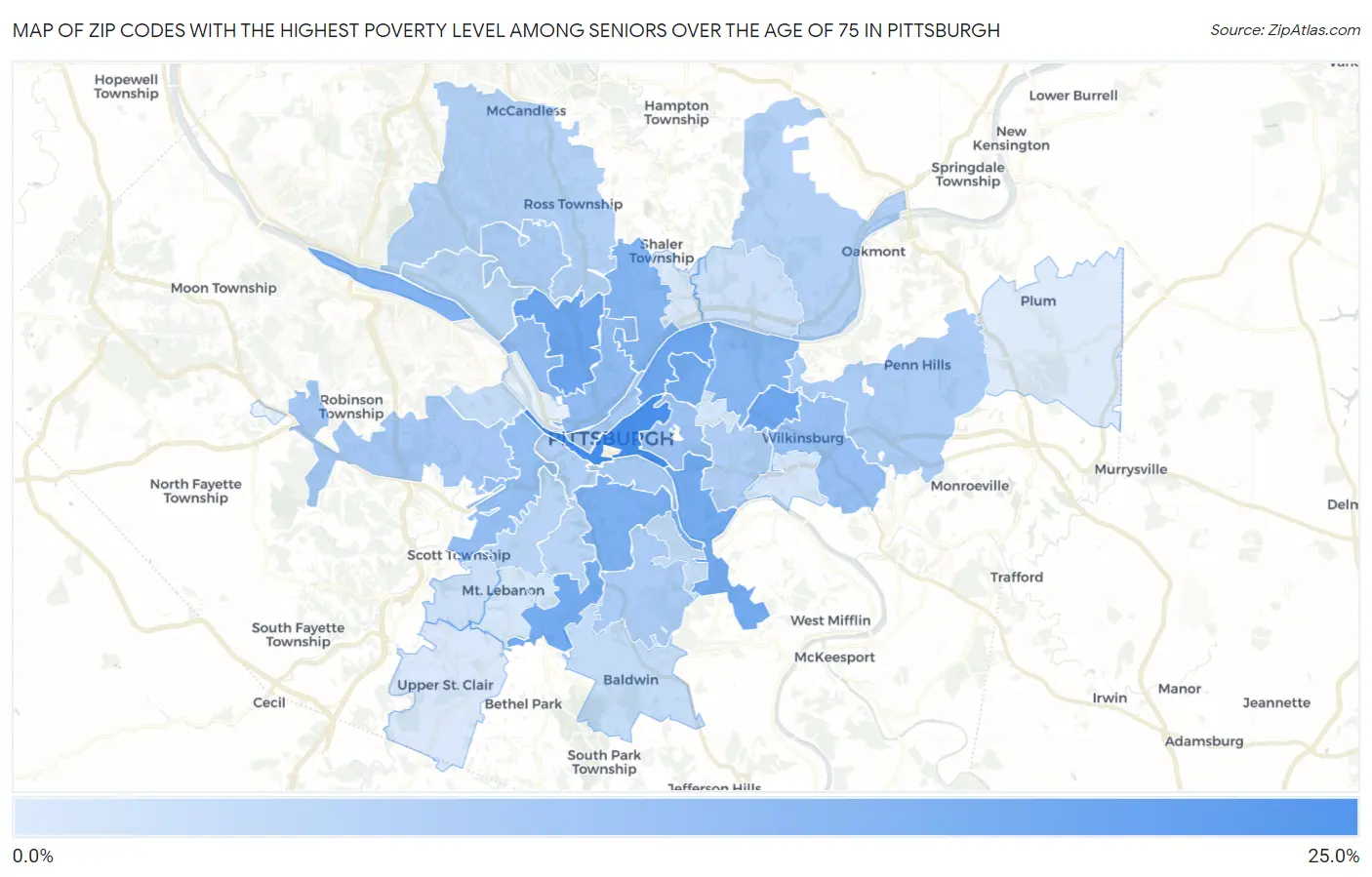 Zip Codes with the Highest Poverty Level Among Seniors Over the Age of 75 in Pittsburgh Map