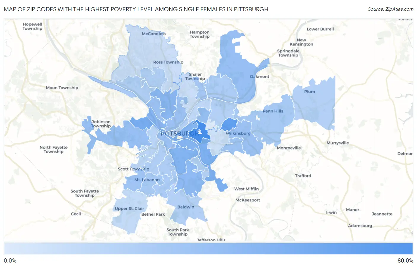 Zip Codes with the Highest Poverty Level Among Single Females in Pittsburgh Map