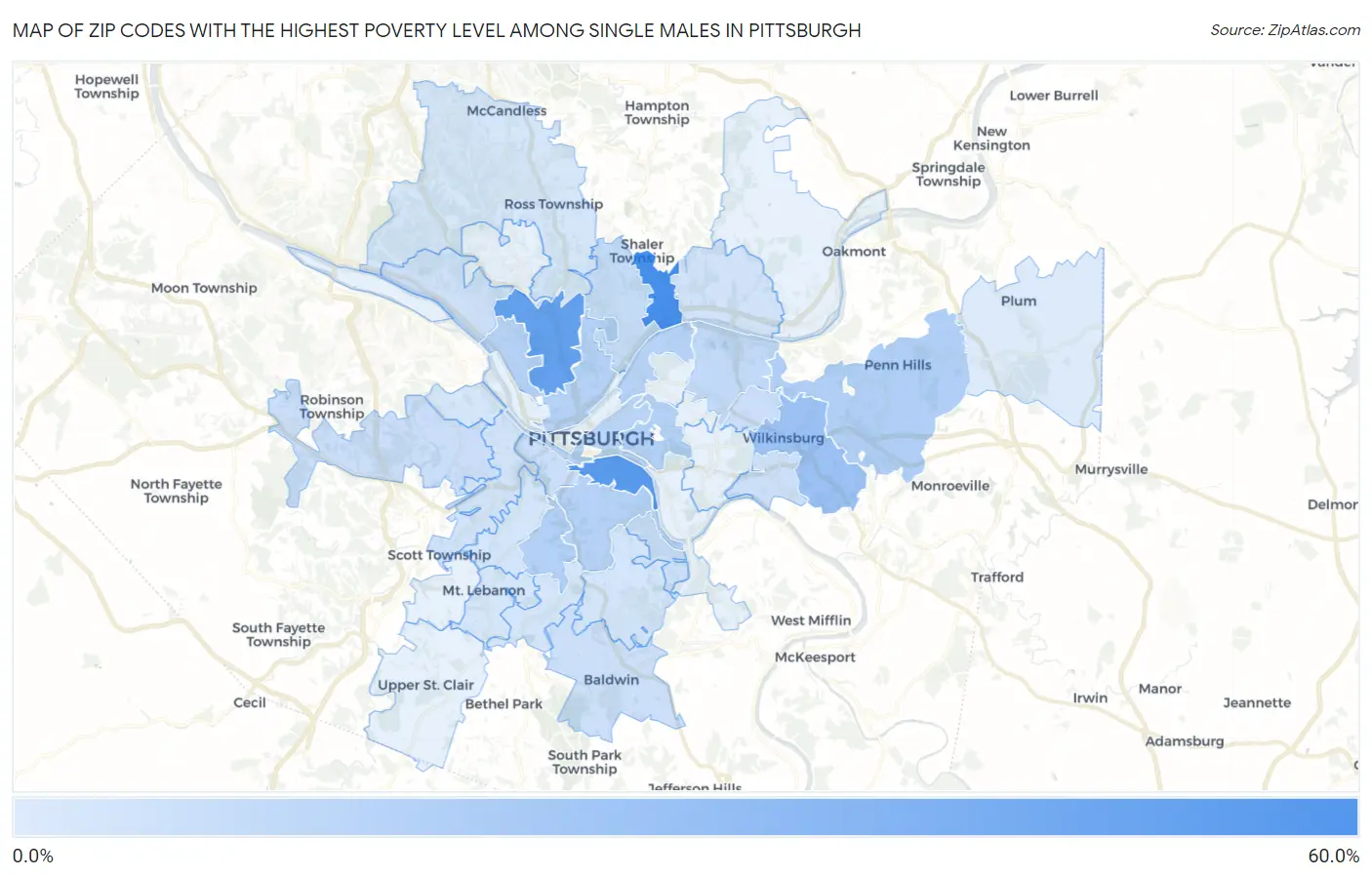 Zip Codes with the Highest Poverty Level Among Single Males in Pittsburgh Map