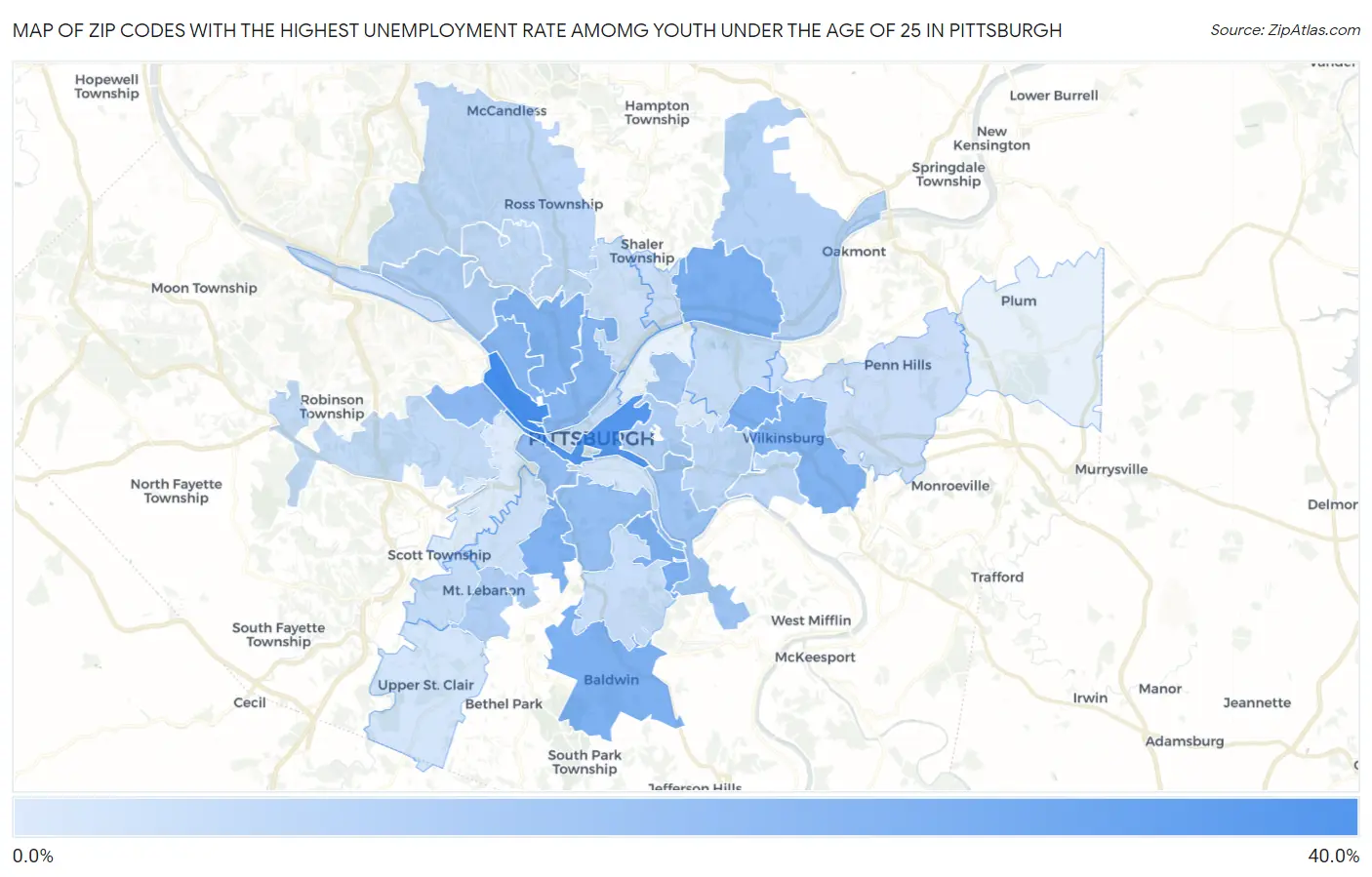 Zip Codes with the Highest Unemployment Rate Amomg Youth Under the Age of 25 in Pittsburgh Map