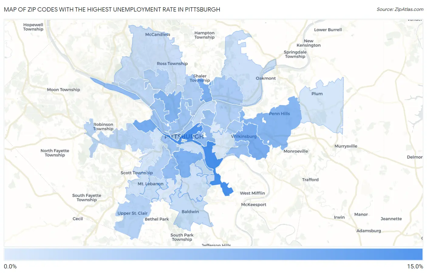Zip Codes with the Highest Unemployment Rate in Pittsburgh Map