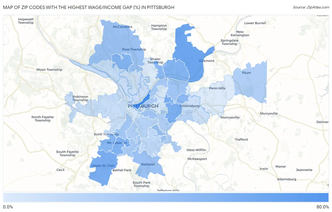 Zip Codes with the Highest Wage/Income Gap (%) in Pittsburgh Map