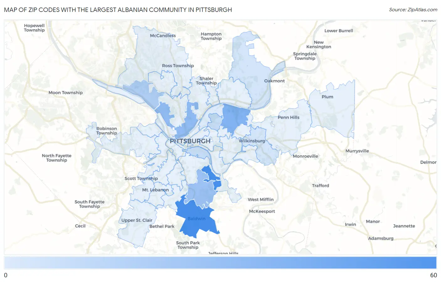 Zip Codes with the Largest Albanian Community in Pittsburgh Map