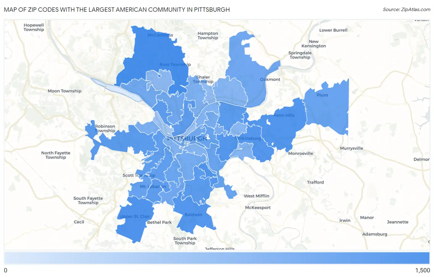 Zip Codes with the Largest American Community in Pittsburgh Map