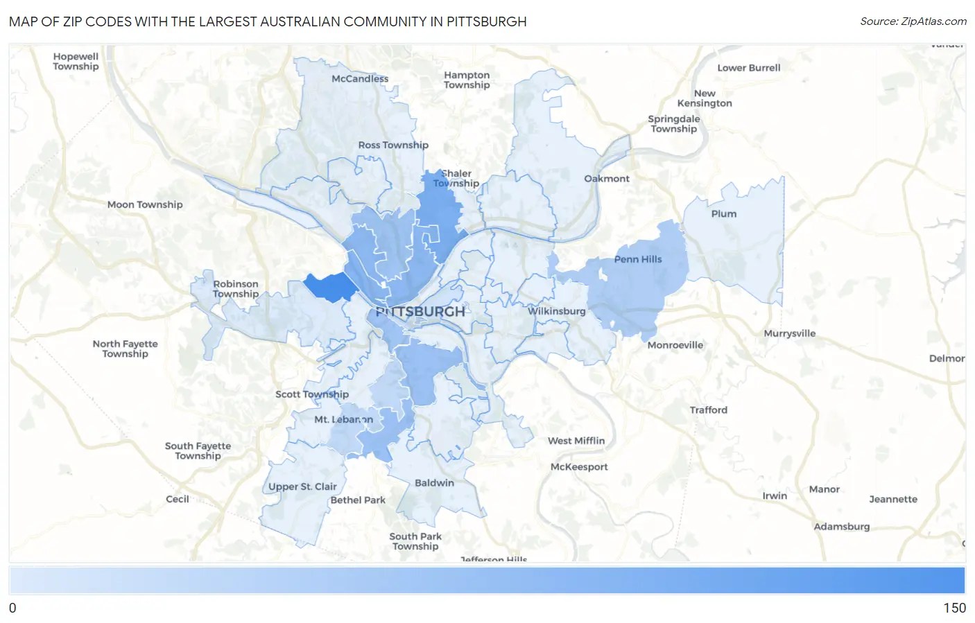 Zip Codes with the Largest Australian Community in Pittsburgh Map