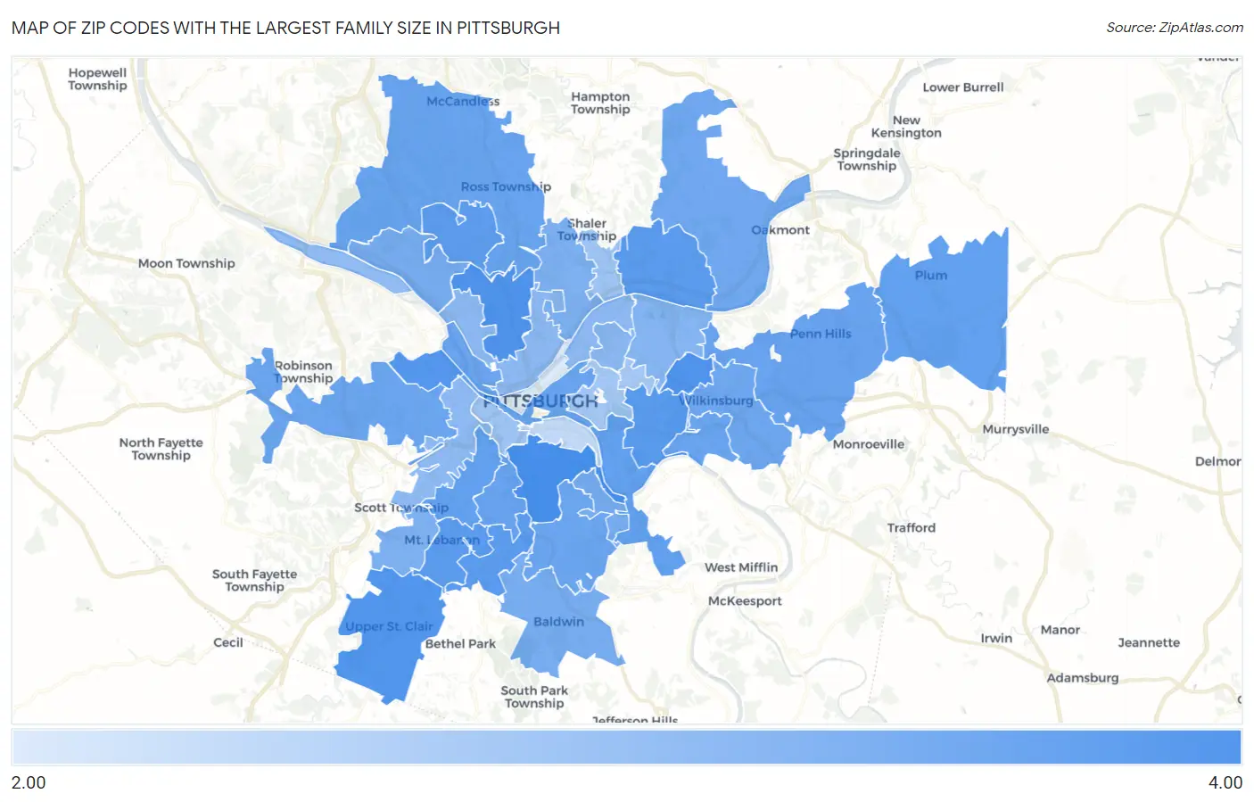 Zip Codes with the Largest Family Size in Pittsburgh Map