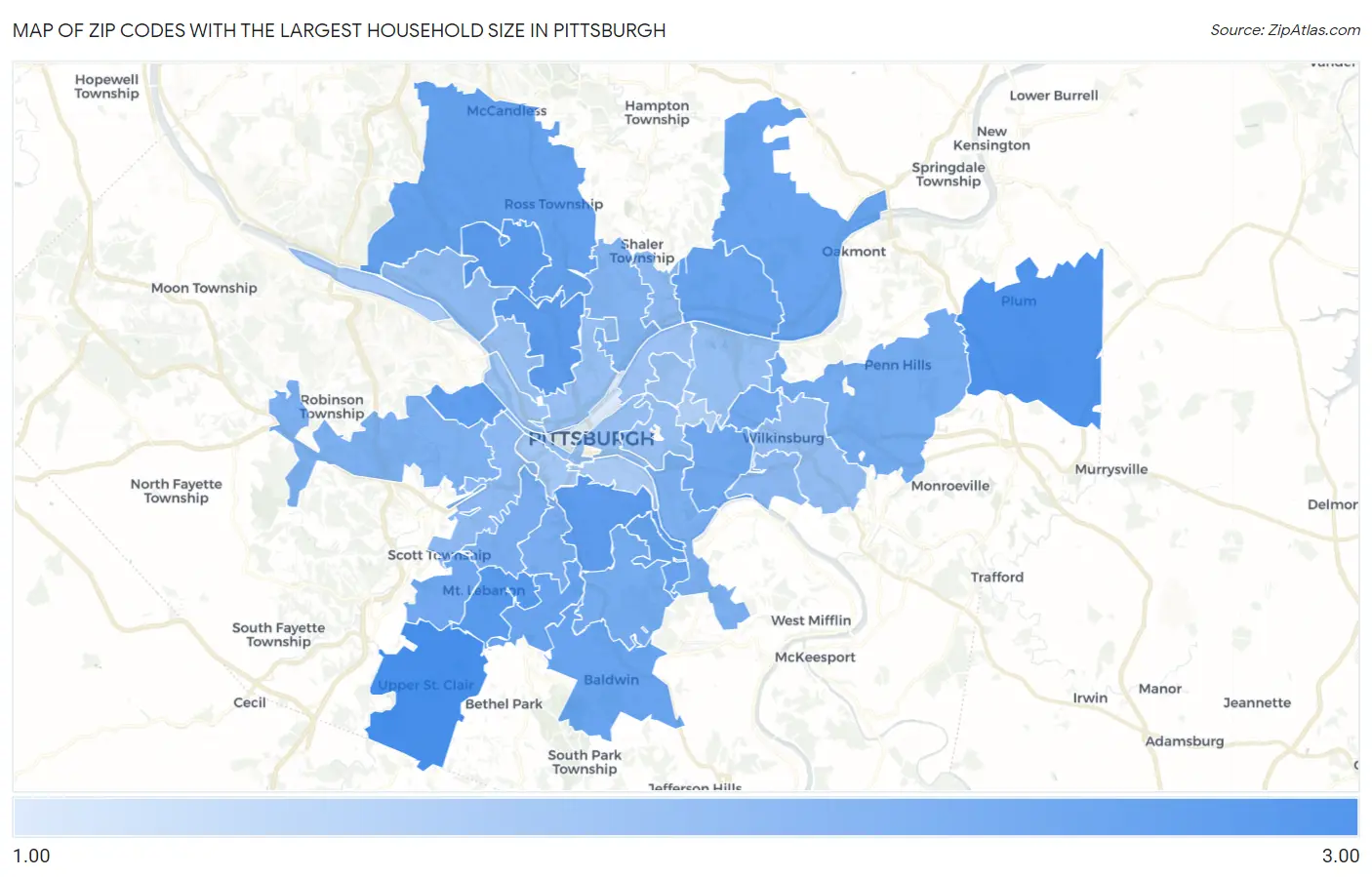 Zip Codes with the Largest Household Size in Pittsburgh Map