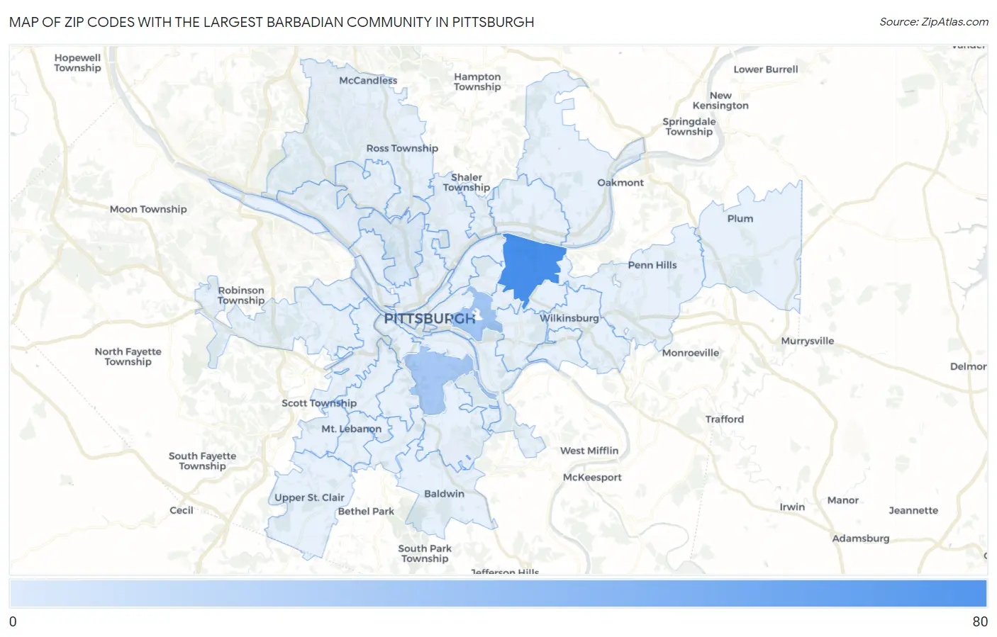 Zip Codes with the Largest Barbadian Community in Pittsburgh Map