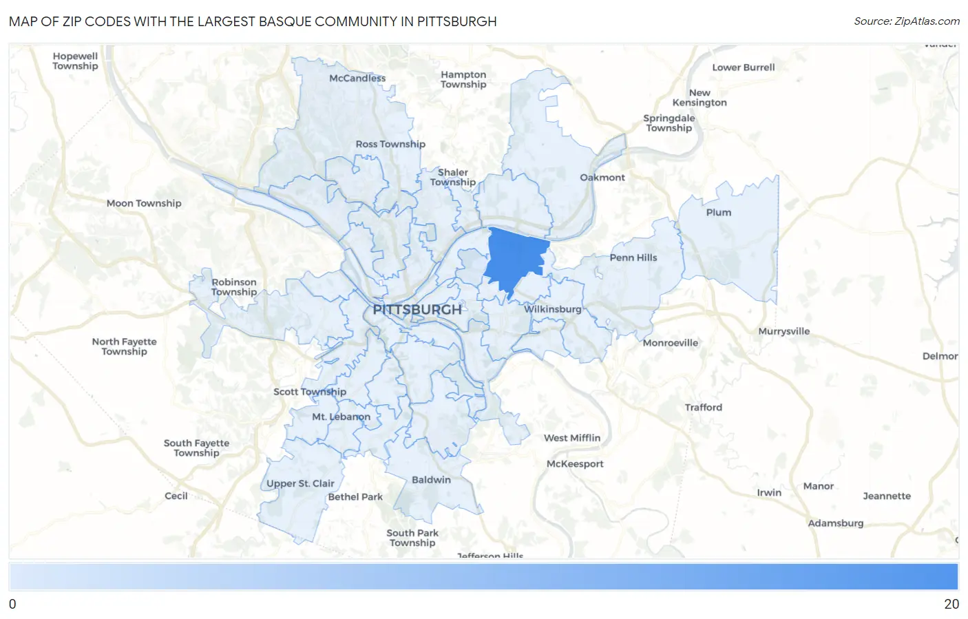 Zip Codes with the Largest Basque Community in Pittsburgh Map