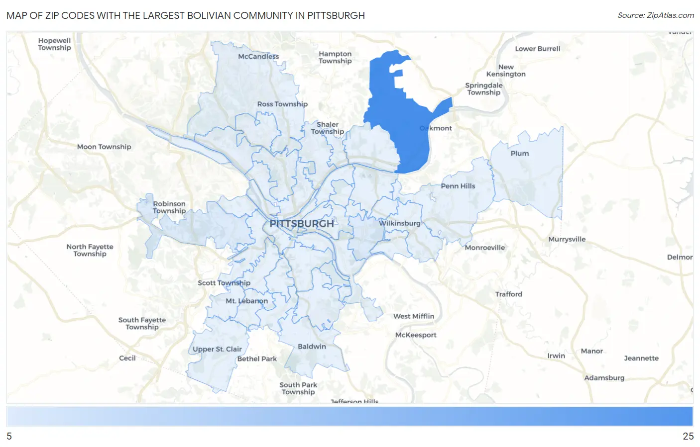 Zip Codes with the Largest Bolivian Community in Pittsburgh Map