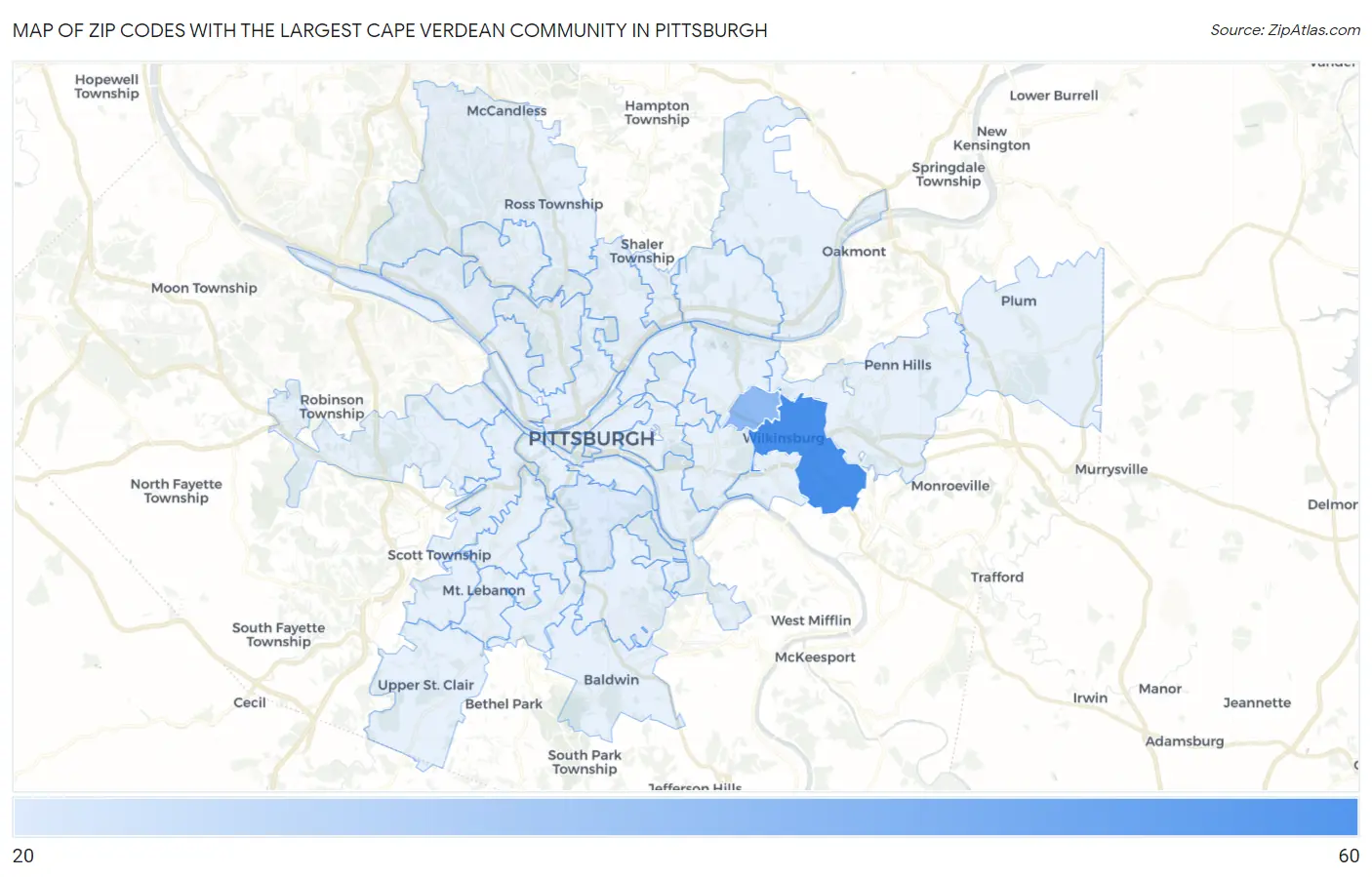 Zip Codes with the Largest Cape Verdean Community in Pittsburgh Map