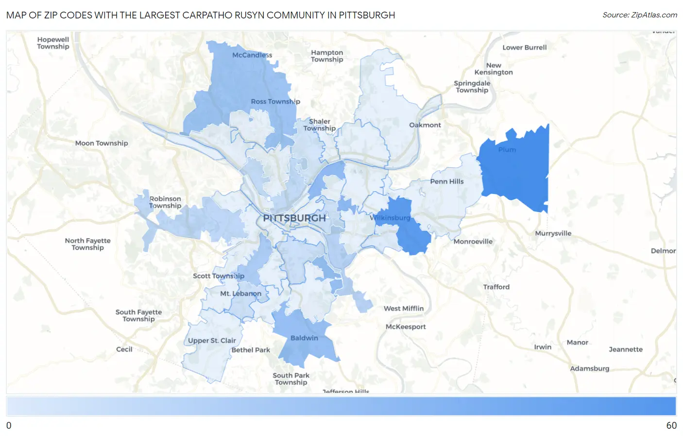 Zip Codes with the Largest Carpatho Rusyn Community in Pittsburgh Map