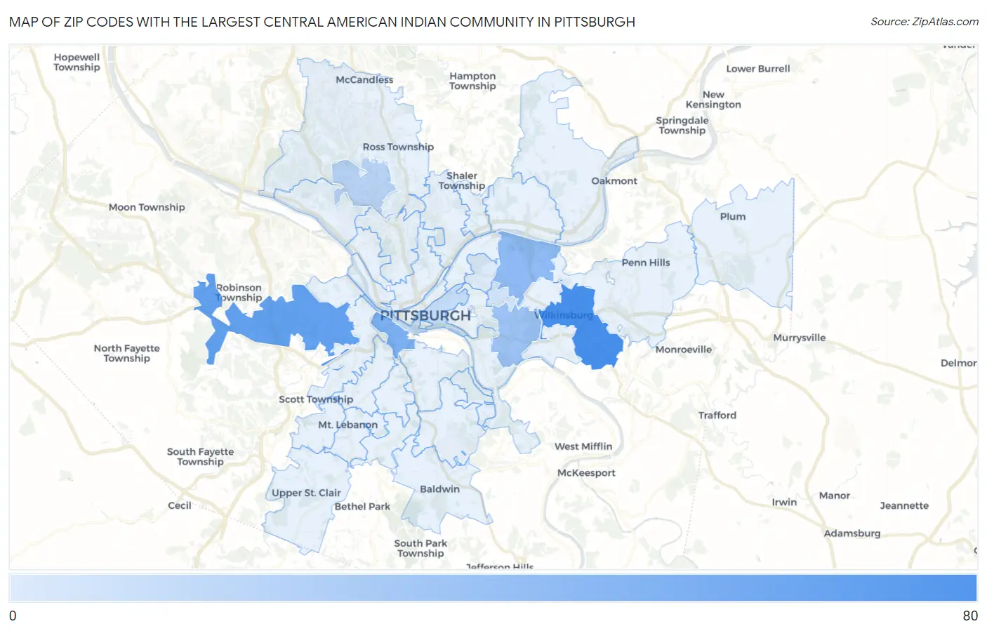 Zip Codes with the Largest Central American Indian Community in Pittsburgh Map