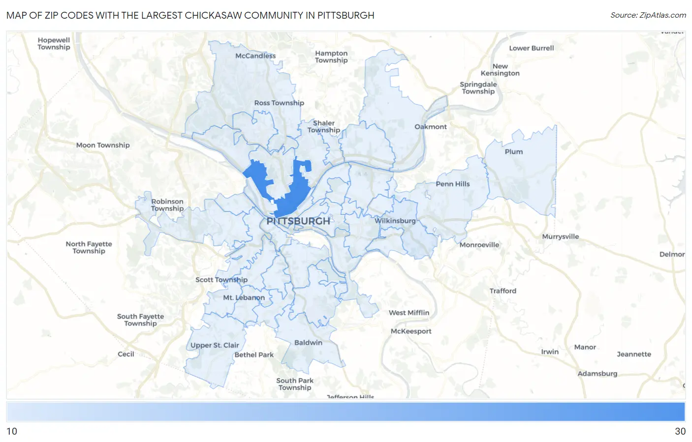 Zip Codes with the Largest Chickasaw Community in Pittsburgh Map