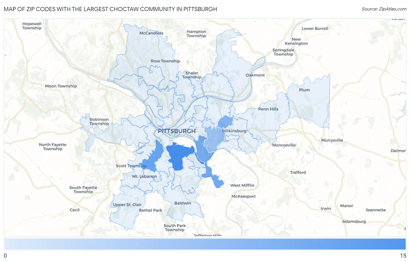Zip Codes with the Largest Choctaw Community in Pittsburgh Map
