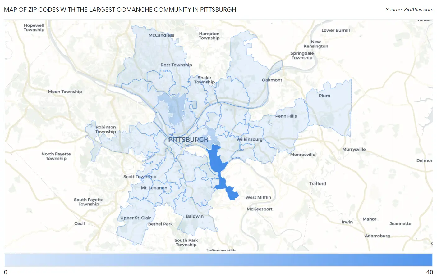 Zip Codes with the Largest Comanche Community in Pittsburgh Map