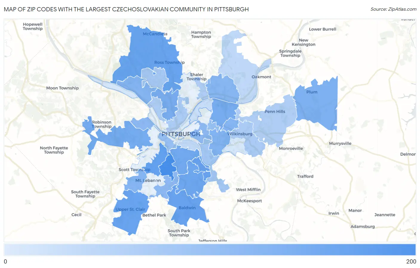 Zip Codes with the Largest Czechoslovakian Community in Pittsburgh Map