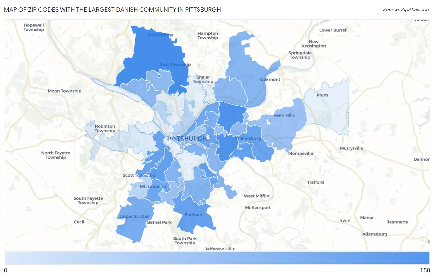 Zip Codes with the Largest Danish Community in Pittsburgh Map