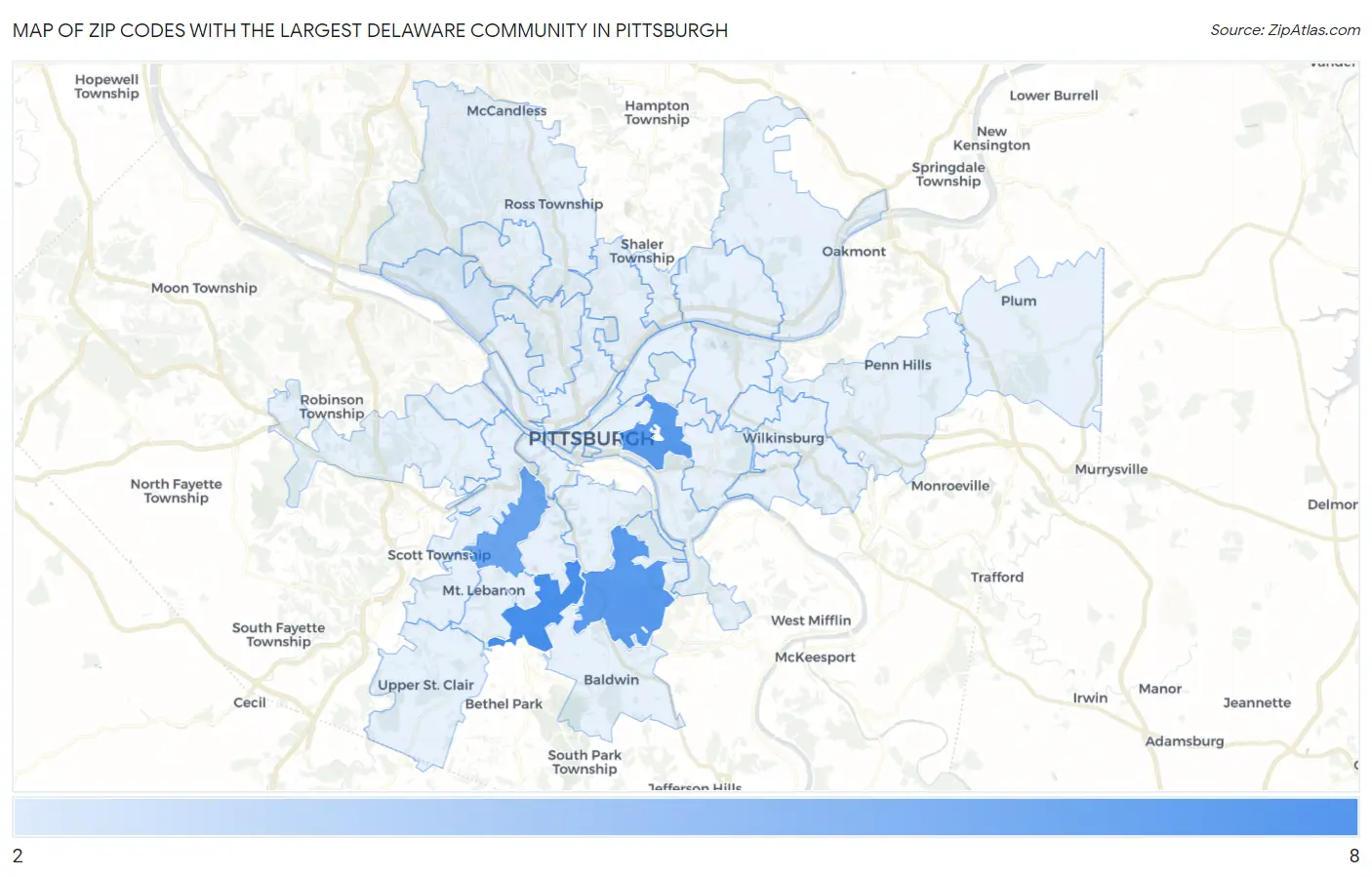 Zip Codes with the Largest Delaware Community in Pittsburgh Map