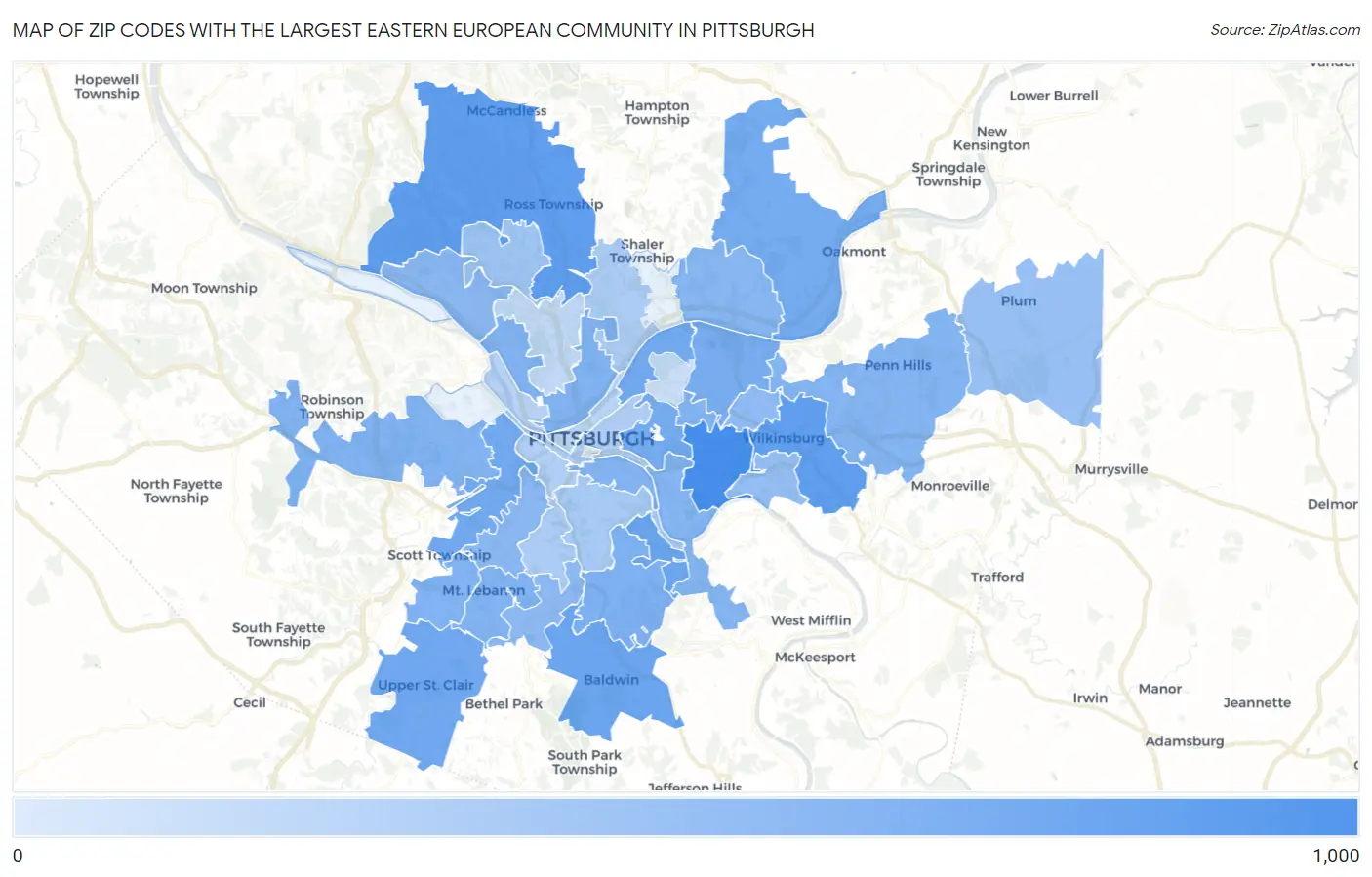 Zip Codes with the Largest Eastern European Community in Pittsburgh Map