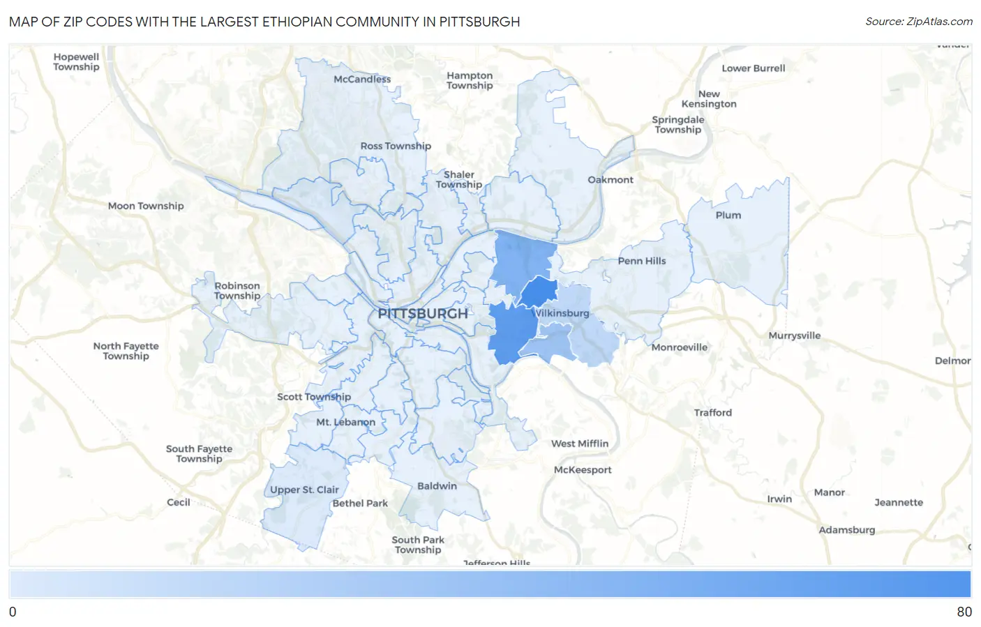 Zip Codes with the Largest Ethiopian Community in Pittsburgh Map
