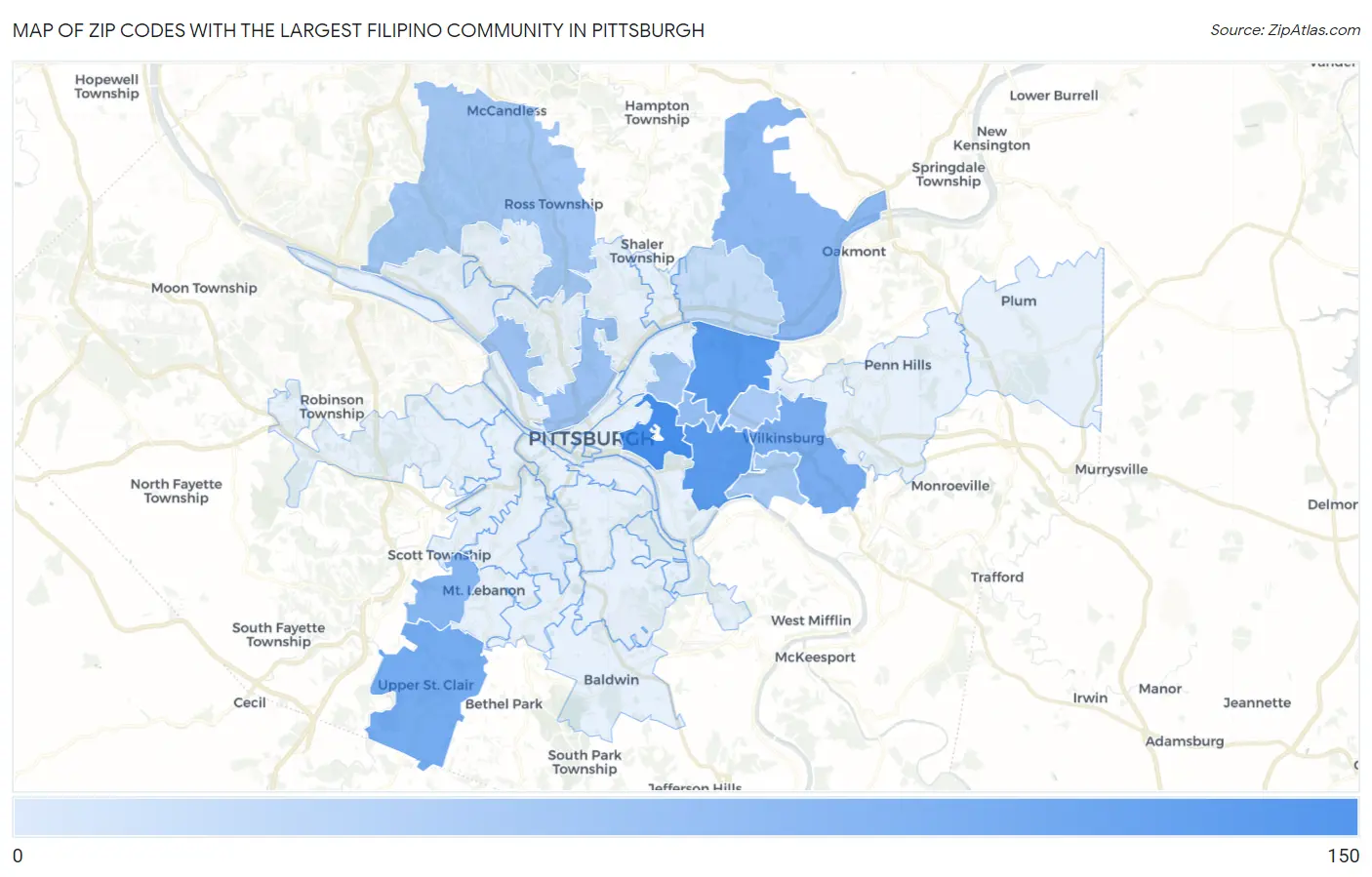 Zip Codes with the Largest Filipino Community in Pittsburgh Map