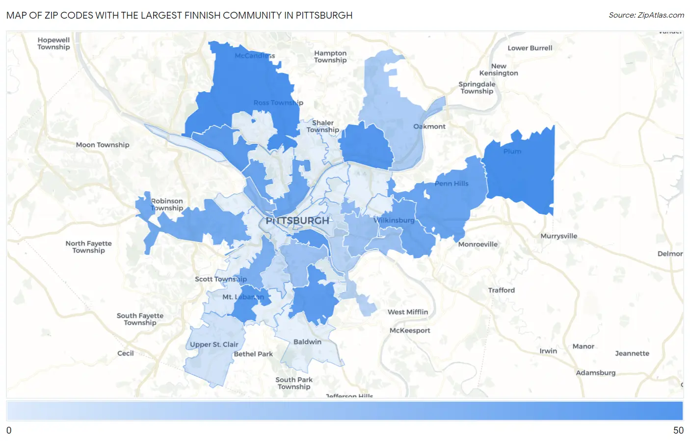 Zip Codes with the Largest Finnish Community in Pittsburgh Map