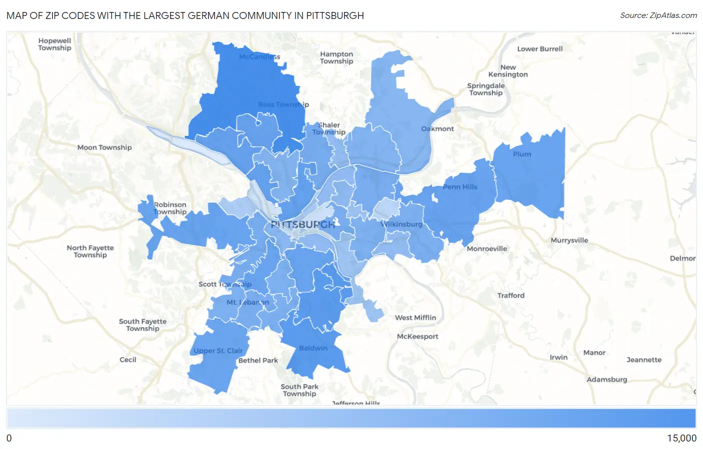 Zip Codes with the Largest German Community in Pittsburgh Map