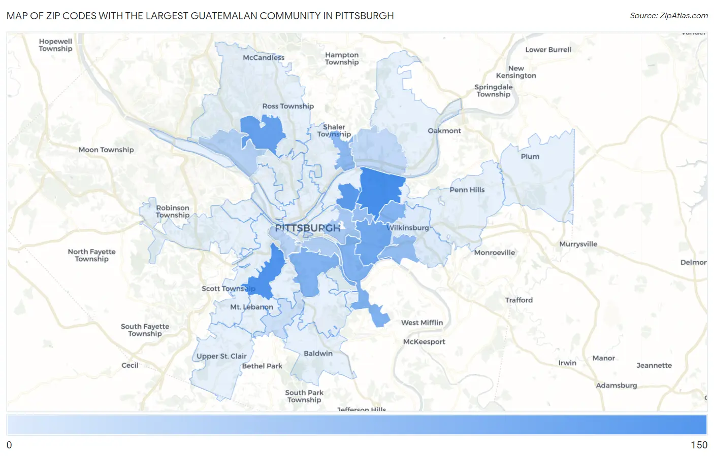 Zip Codes with the Largest Guatemalan Community in Pittsburgh Map