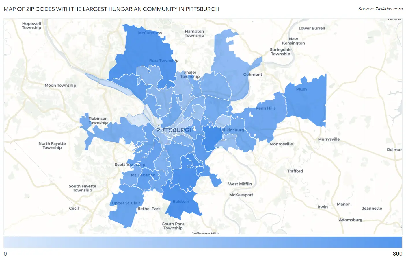 Zip Codes with the Largest Hungarian Community in Pittsburgh Map