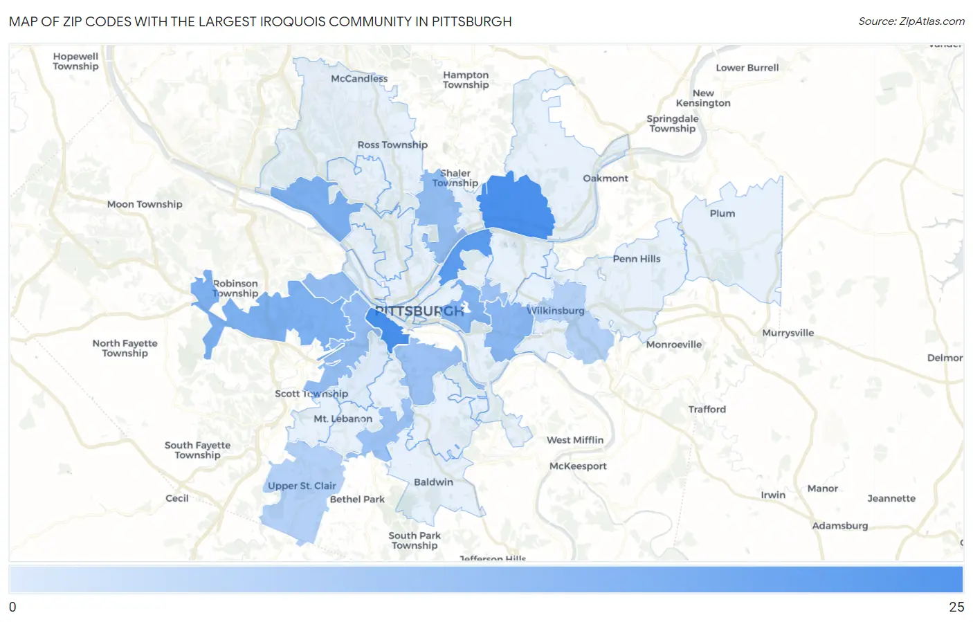 Zip Codes with the Largest Iroquois Community in Pittsburgh Map