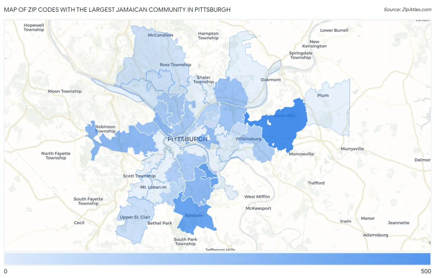 Zip Codes with the Largest Jamaican Community in Pittsburgh Map