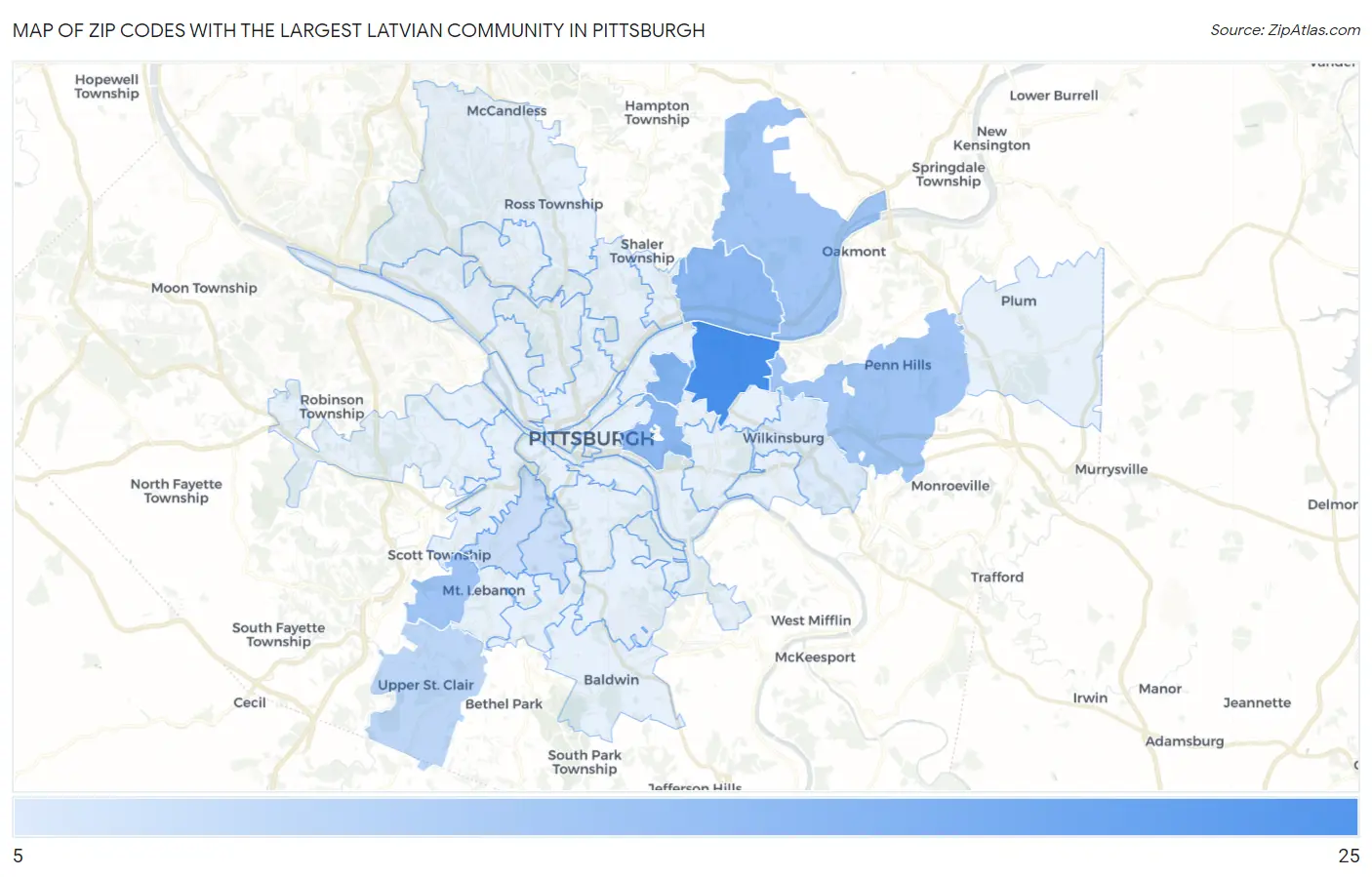 Zip Codes with the Largest Latvian Community in Pittsburgh Map