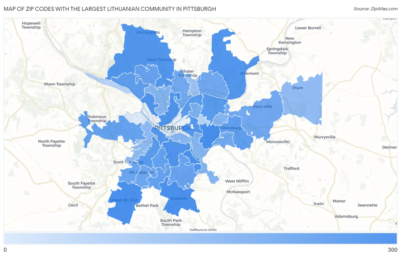Zip Codes with the Largest Lithuanian Community in Pittsburgh Map