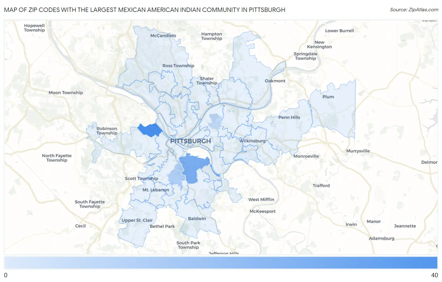 Zip Codes with the Largest Mexican American Indian Community in Pittsburgh Map