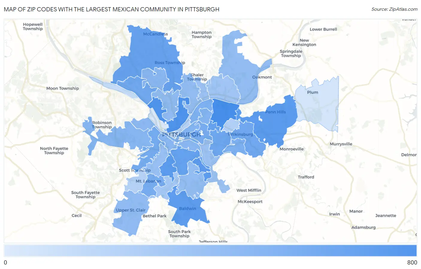 Zip Codes with the Largest Mexican Community in Pittsburgh Map