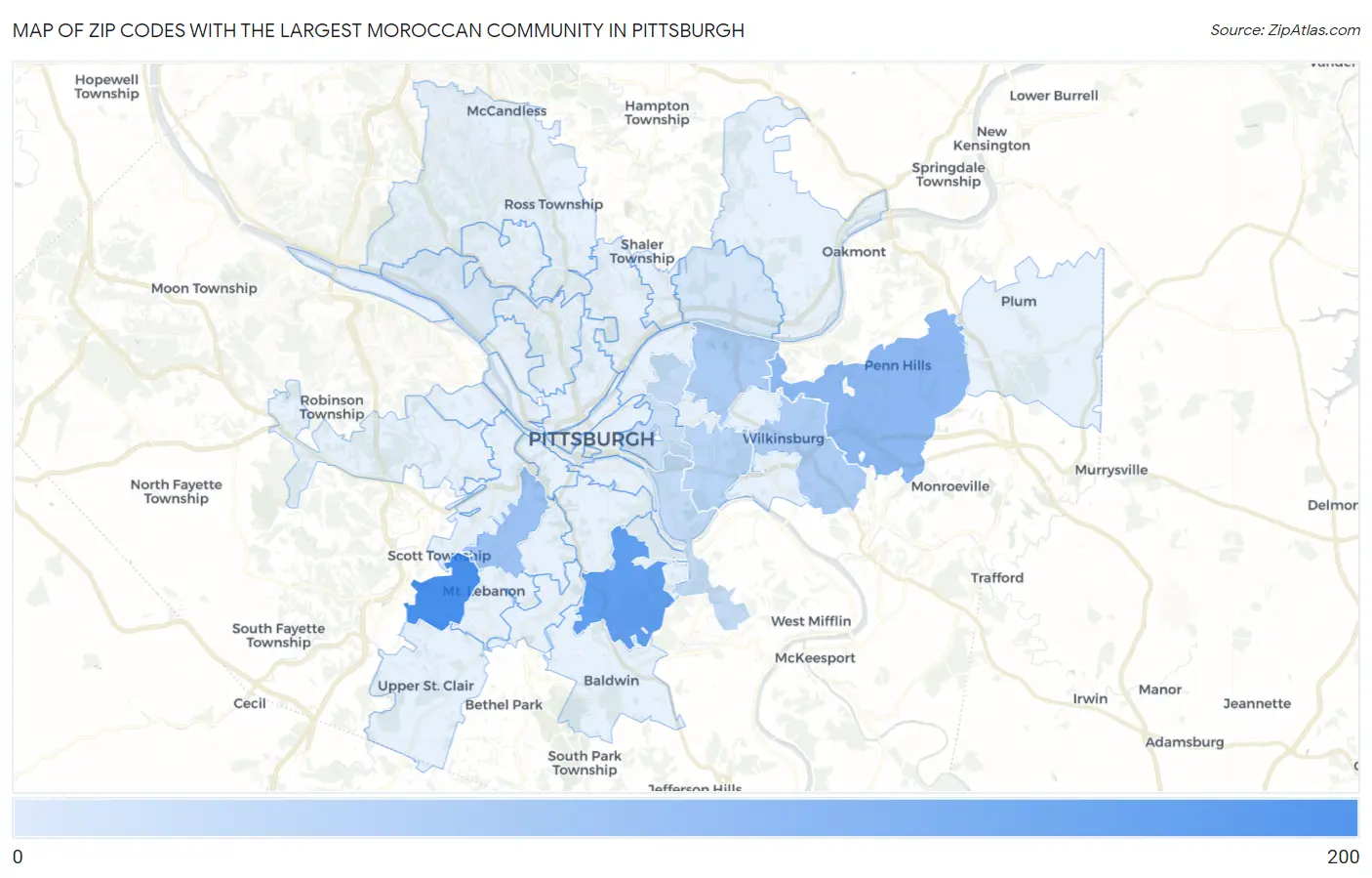 Zip Codes with the Largest Moroccan Community in Pittsburgh Map